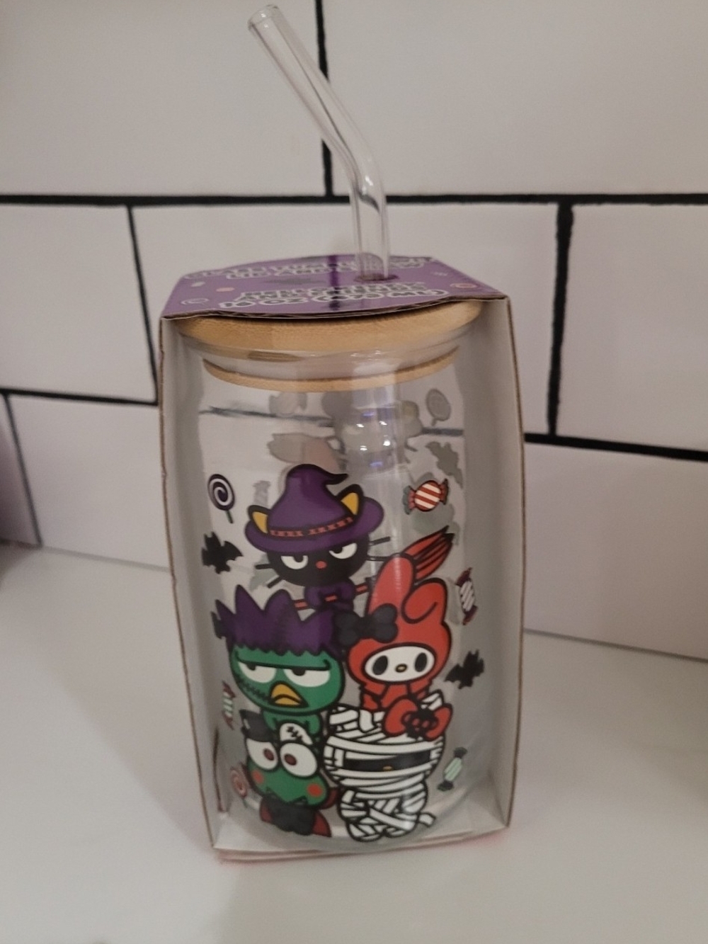 Hello Kitty Purple Halloween Glass Tumbler with Straw